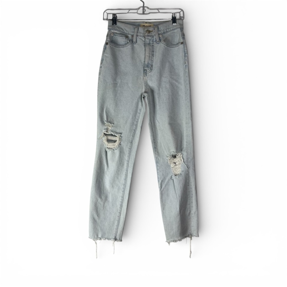 Madewell The Mom Jean Women’s 24 Blue Distressed Light Wash Raw Hem High Rise